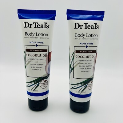 2 Pk Dr Teal's Body Lotion Travel Size 3fl oz ea Coconut Oil Vit E Shea Butter