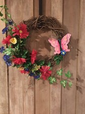 Floral Decorated Grapevine Wreath Red Silk Flowers 18  With Butterfly