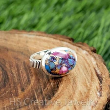 Kingman Pink Dahlia Turquoise 925 Sterling Silver Handmade Ring for Women