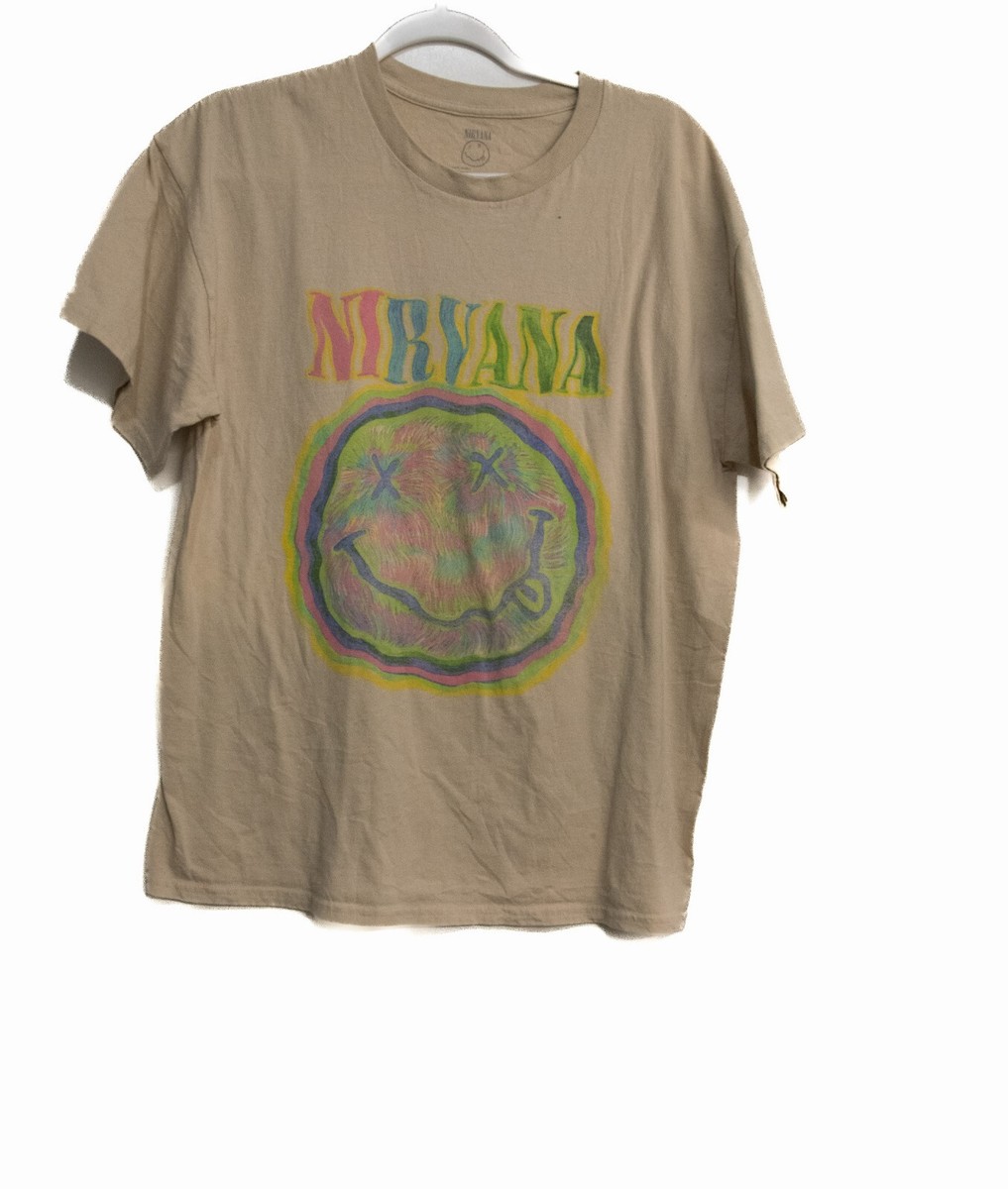 Nirvana Mens Beige Cotton T-Shirt Classic Smiley Graphic Crew Neck