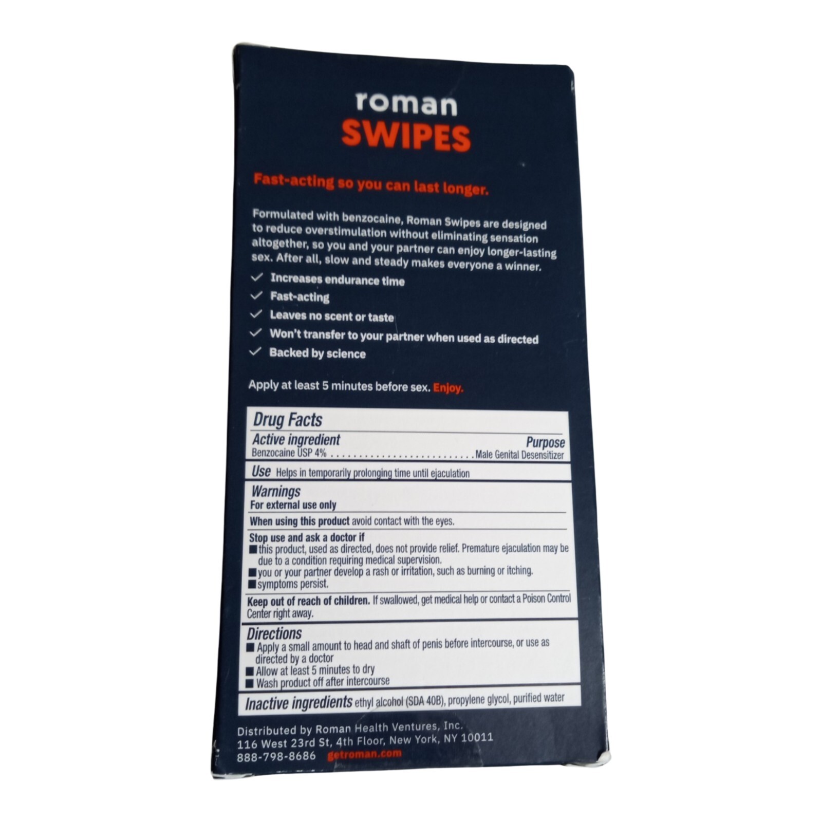 12 New Roman Swipes 4 Male Desensitizing Benzocaine Unscented Wipes 10/25 International