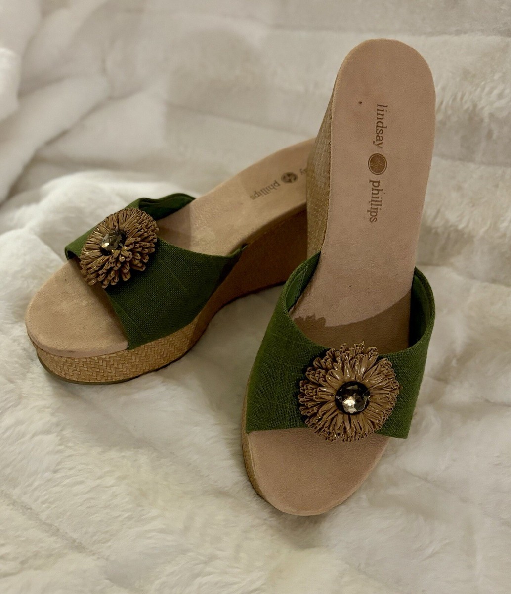 Lindsey Phillips Wedge Slides 'Devon', Avocado Green, EUC