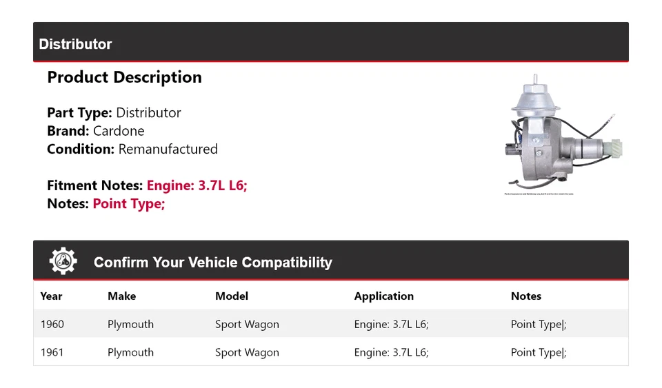 Cardone distribuidor L6 3,7 L para camioneta deportiva Plymouth 1960-1961 Foto 2 de 4