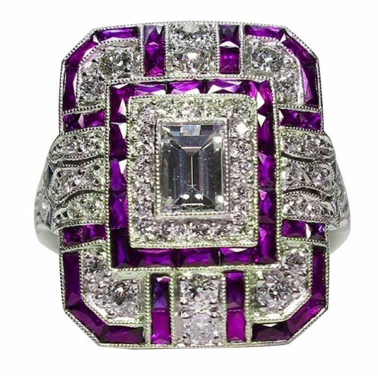 BAGUE FEMME PIERRE SAPHIR ROUGE POURPRE & DIAMANTS - Modèle Carré - Acier - Neuf Avec étiquettes