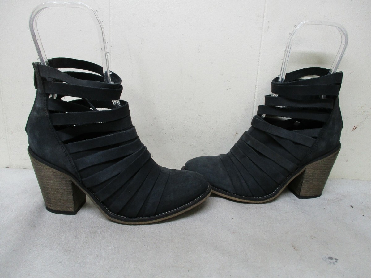 Free People Black Strappy Leather Rear Zip High Heel Ankle Boots Womens Sz  38 EU