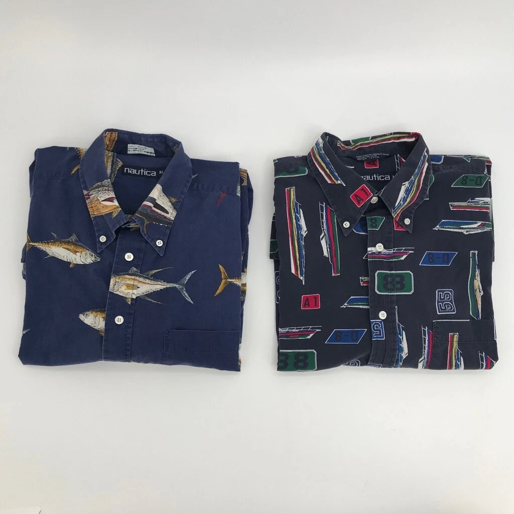 Lot of 2 Vintage Nautica Boating Fish Button Down Shirt Blue