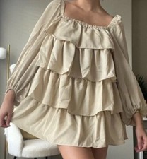 Women's Beige Ruffle Mini Dress Long Sleeve Tiered Boho Babydoll Tunic Casual