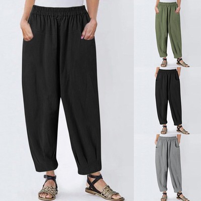 Womens Cotton Linen Baggy Wide Leg Elastic Waist Trousers  Loose Harem Pants  