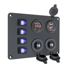 4 Gang Rocker Switch Panel with Volmeter Dual USB Ports Cigarette Lighter 12-24V