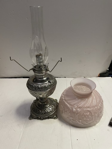 ANTIQUE NICKEL PLATED ORNATE E. MILLER NON-EXPLOSIVE OIL LAMP/SHADE ELECTRIFIED - Picture 7 of 10