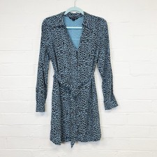 Whistles Mini Shirt Dress UK 10 Blue Black Leopard Print Long Sleeve Belted 