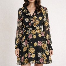 Lulus Love Abound Black Floral Print Long Sleeve Ruffled Mini Dress Size Small
