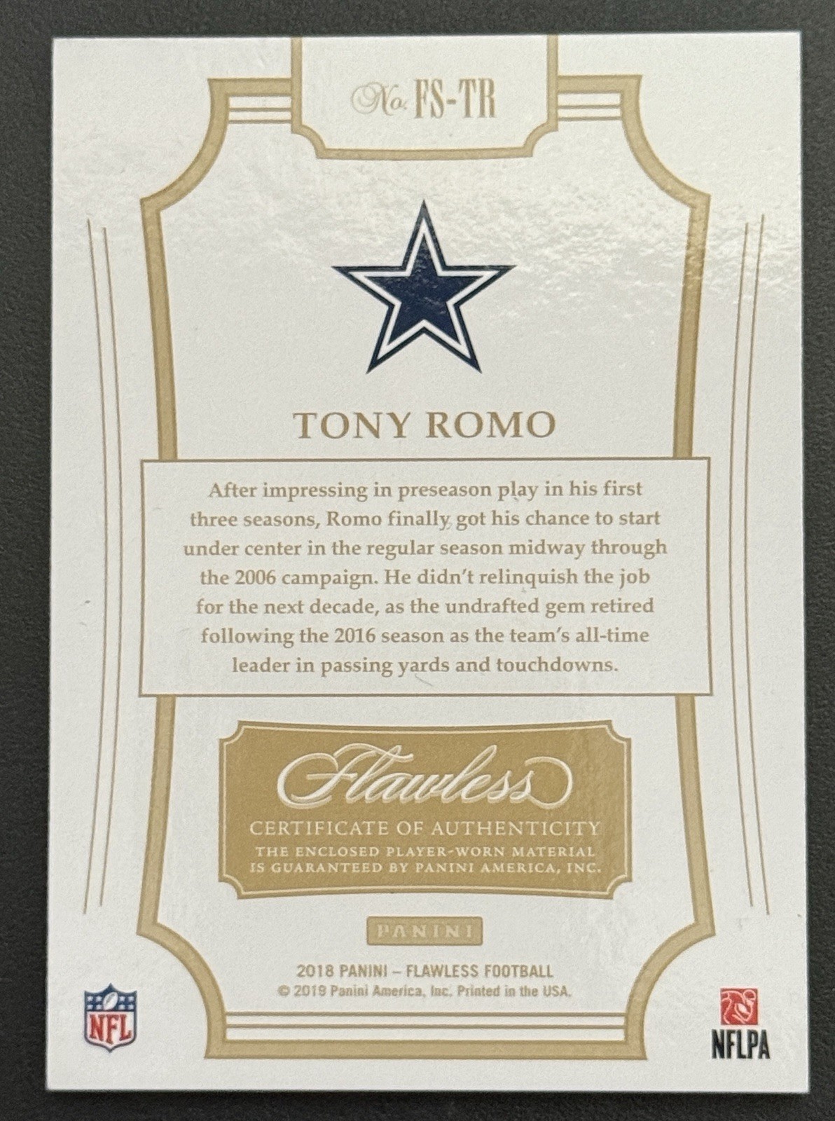 1/1 Tony Romo 2018 Panini Flawless #FS-TR Laundry Tags Tag Patch Logo Cowboys view 2