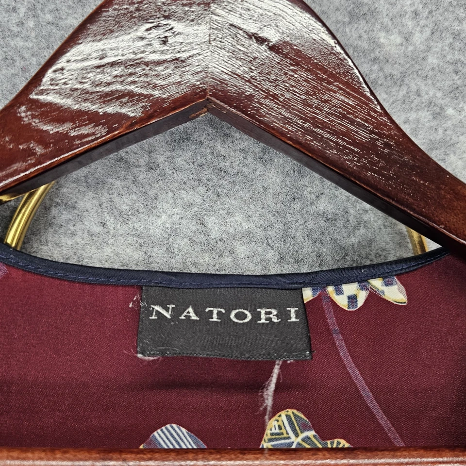 NATORI Robe Women M Burgundy Satin Kimono Fan Chinoiserie Lounge Gown Luxury - Image 3 of 4