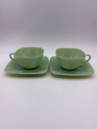 Jadeite FireKing Cups &  Saucers Set of 2, 1950’s, Square Charm Pattern