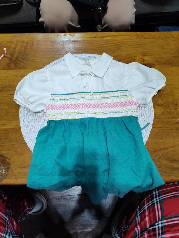 Vintage Rare Sears Girls Size 6Puff Sleeve Belted Dress White/Green 60's Years