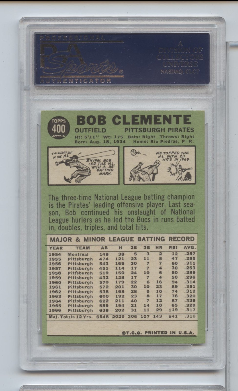 1967 Topps Roberto Clemente #400 PSA 6 view 2