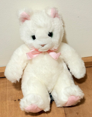 Russ White Cat SASHA Plush Vtg 8  Green Eyes Pink Bow EUC