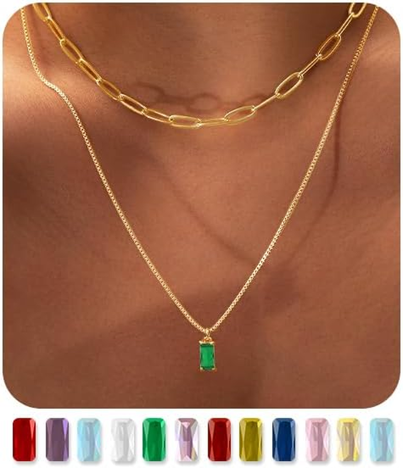 Dainty Gold Birthstone Necklaces for Women Non Tarnish, 14K Trendy Blue Green Cu
