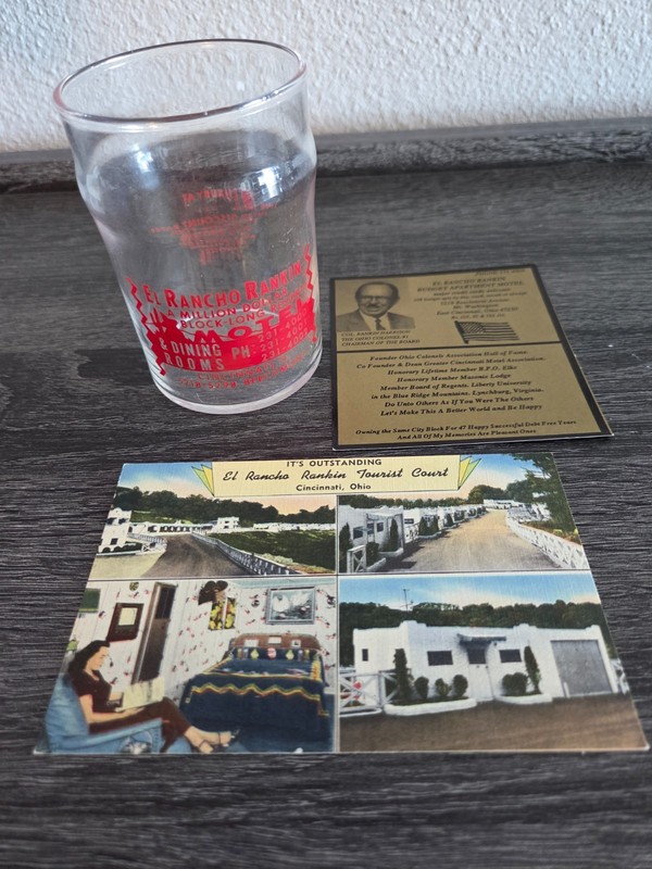 El Rancho Rankin Motel Bundle- Glass, Postcard & Business Card, Cincinnati, Ohio