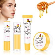 4 Piece Honey Milk Lip Mask Lip Balm Lip Scrub Lip Oil Lip Care Kit, Moisturi...