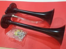 Universal 12V/24V  Dual Black Trumpet Air Horn, 10 Inch w/Hose