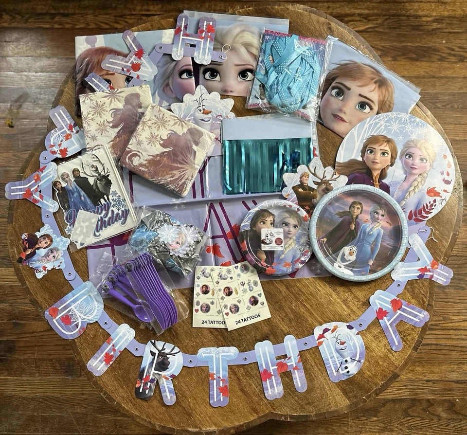 Paquete de suministros de fiesta congelados platos de lujo decoración de mesa servilletas pancartas más Foto 2 de 4