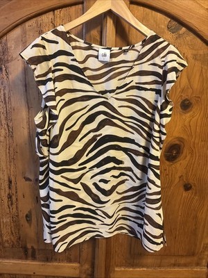 Cabi Zebra Blouse - Style #3771 - Large V-Neck Ruffle Cap Sleeve Tan Brown