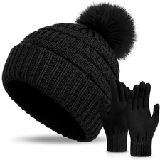 Women's Knitted Beanie Hat Gloves Set Winter Pom Pom Cable Knit Hat with Warm...