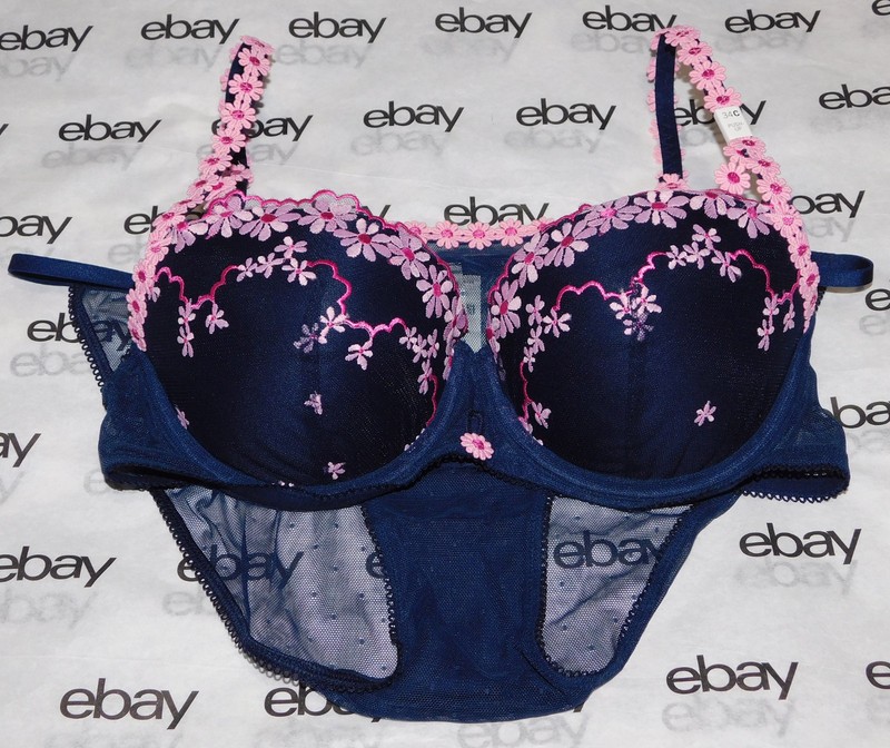 NEW Victoria's Secret Pink Wink Push-Up Bra 34C Daisy Lace & Bikini Set Med M VS