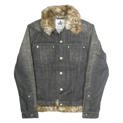 Levi'S Damen Schwarze Denim Kunstpelzkragen Baumwolljacke S Einfache Knopf