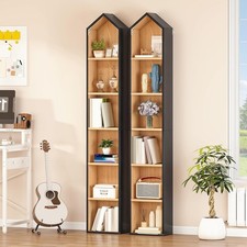 Tall Narrow Bookcase, l House Shaped Thin Corner 6-Tier Free Standing Bookshelf,