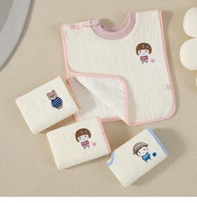 Baby Bib, Drool Cloth & Washcloth - Cartoon Embroidered for Infants