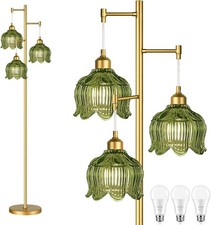 Gold Modern Vintage Green Shade Mid-Century Lamp Tall Glass 3-Light Floor Brass