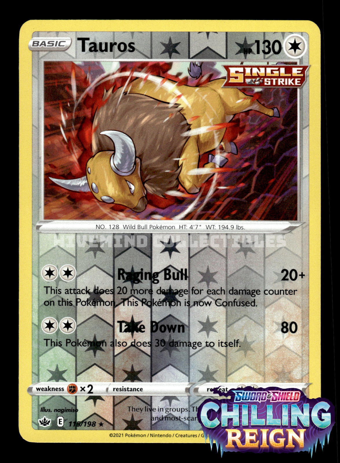 Tauros 115/198 Chilling Reign Reverse Holo Pokemon Card