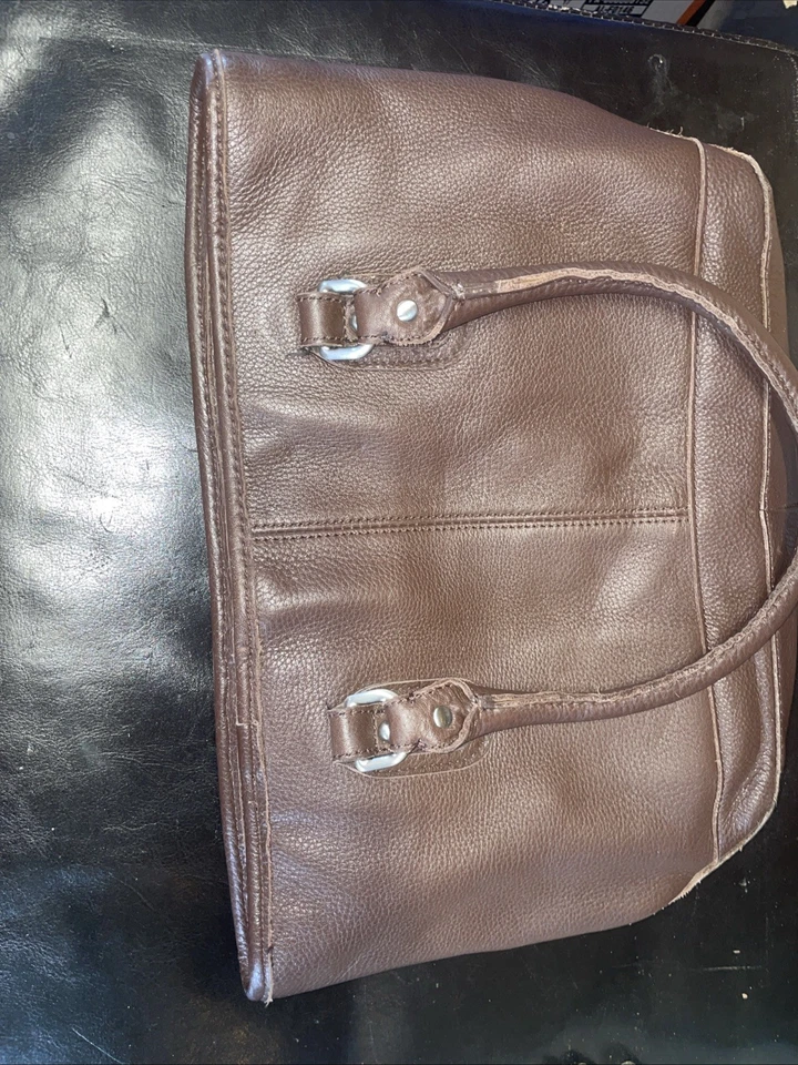 L.L.Bean сумка с короткими ручками коричневый кожаный темно-синий и белая полоса подкладка LLBean - Изображение 2 из 4