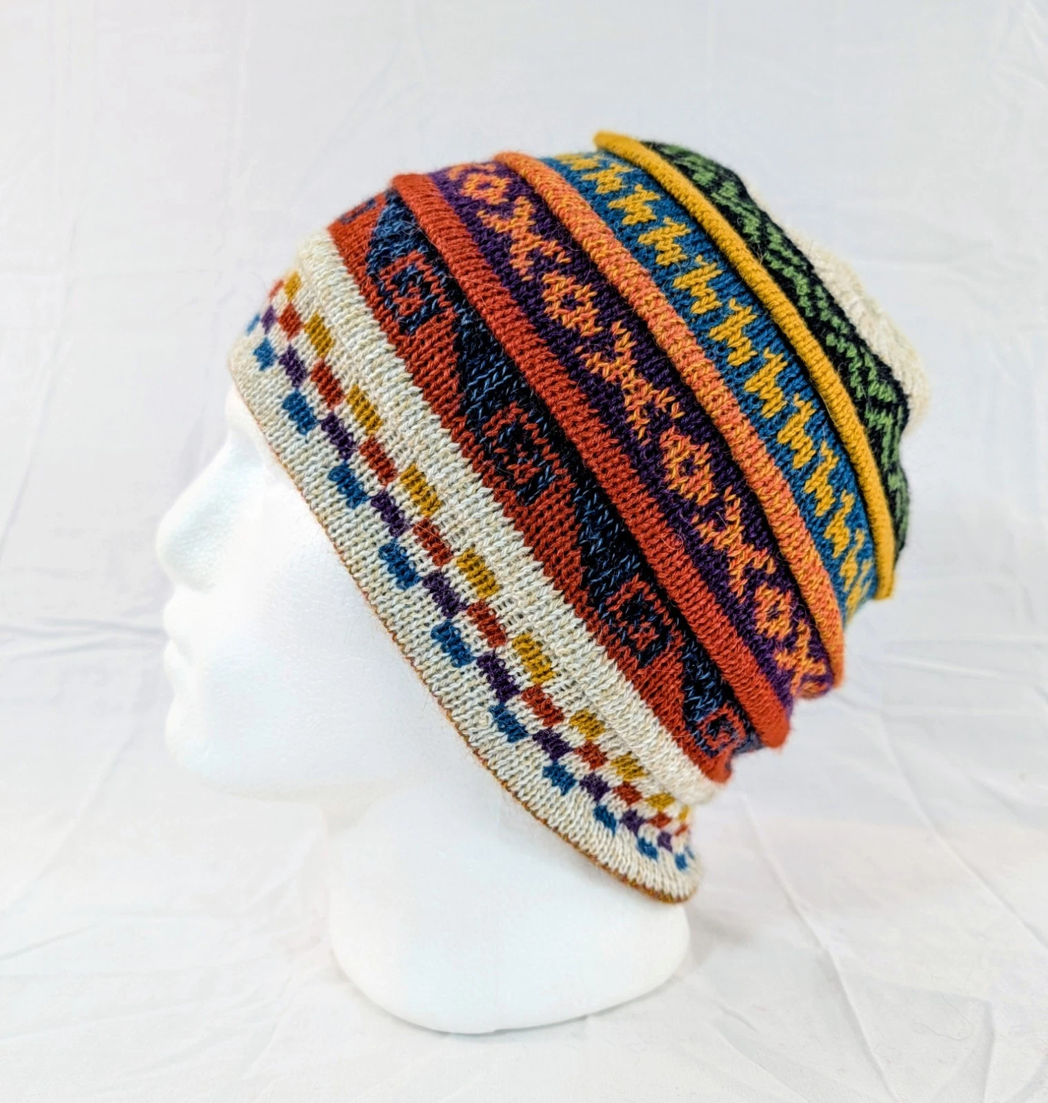 Soft Baby Alpaca Beanie Reversible White Orange Unisex Colorful Boho Llama Peru