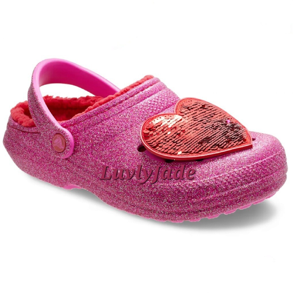 Crocs Limited Edition Pink Glitter Valentines Day Pink & Red Sequin Heart CROCS Classic Lined Pink Glitter Heart Clog Valentine main image 4