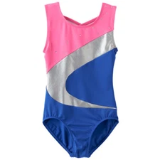 Girl Size L 12-14 Jacques Moret Silver Foil Colorblock Blue & Pink Leotard NEW