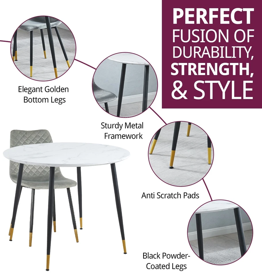 Dining Set, Small Marble Top Round Kitchen Table and 4 Grey Fabric Dining Chairs - Image 2 of 4