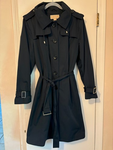 Women's Michael Kors Black Trench Coat w Hood Belt and Silver Accents Size XL