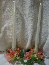 UNBRANDED 2-Peach Roses Taper Candle Holders   2 - 12" White Tapers