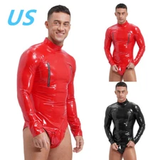 Men's Patent Leather Bodysuit Catsuit Long Sleeve Zipper Jumpsuit Clubwear