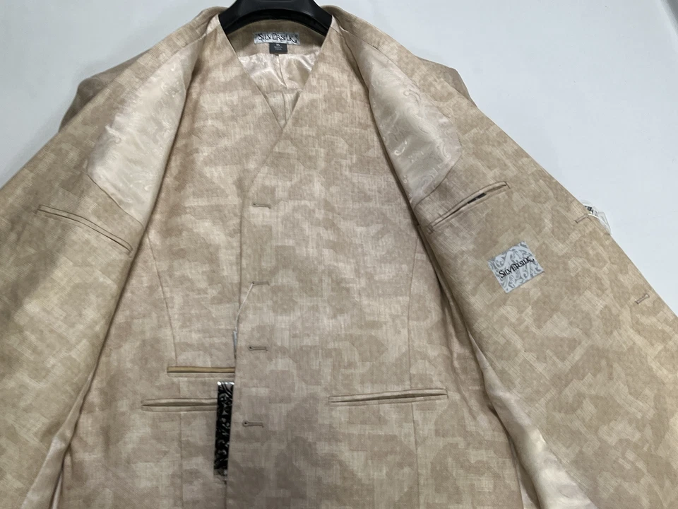 Mens Silver Silk Beige 3 Piece Suit Size XL NEW - Image 4 of 4