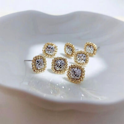 18K Solid Gold Small Sunflower Square Piercing 2-Tones Earrings Studs for women
