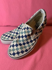 light blue checkered vans slip ons