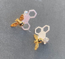 Honeycomb and Bee Stud Earrings With Sterling Silver 925 and 14k gold
