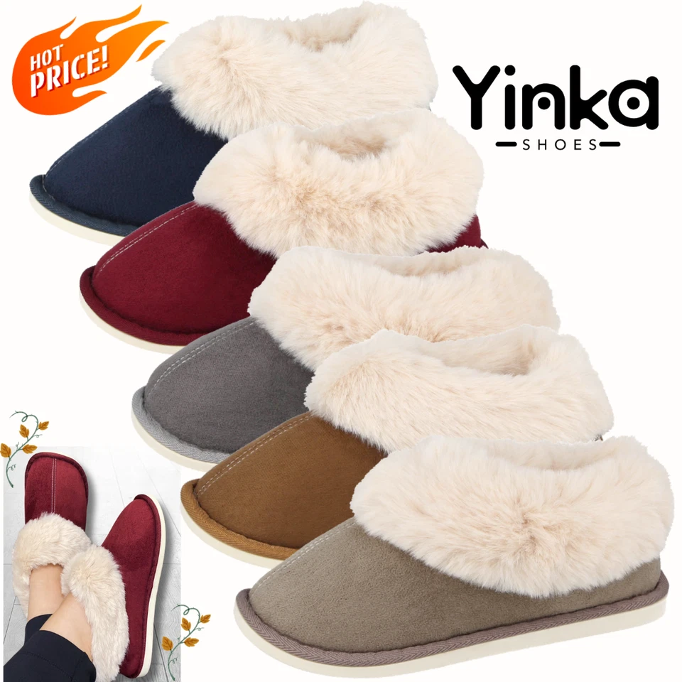 Ladies Womens Faux Suede Fur Cuff Trim Lined Cosy Slipper Boots SML Yinka Shoes