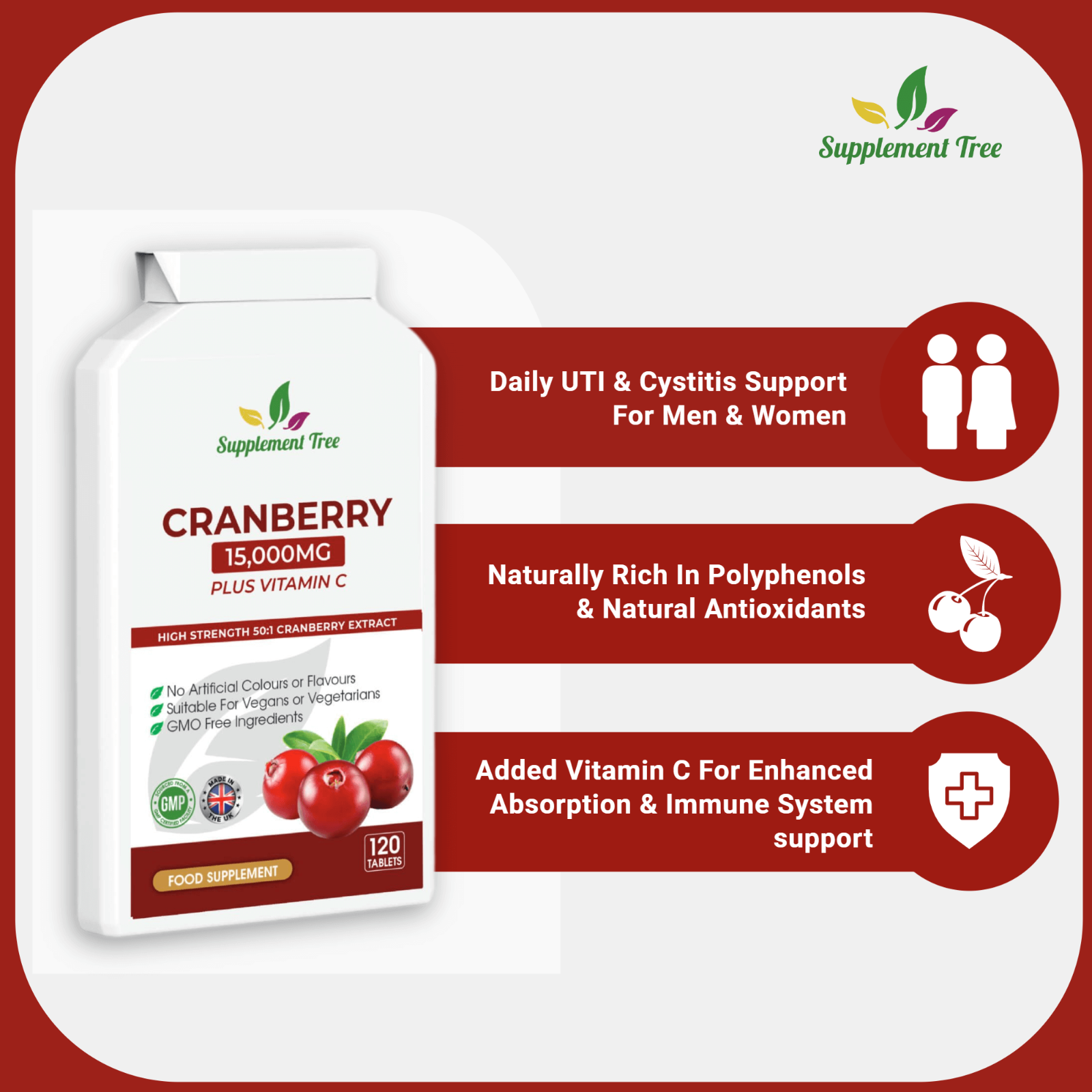 Triple Strength Cranberry 15,000mg Plus Vitamin C (120 Tablets) UTI