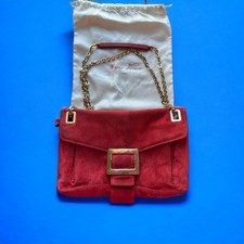 Roger Vivier Red Suede Handbag Shoulder Bag Gold Tone Chain Dust Bag Read